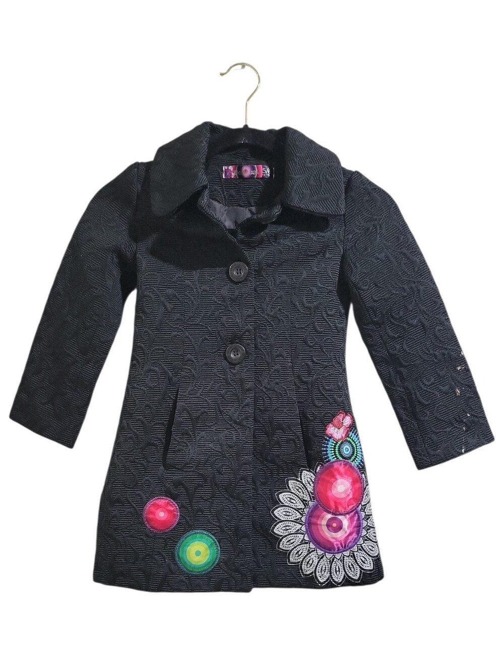 Desigual Girls 5/6 Y Black Embossed Designer Pea Coat Embroidered Flawed - Picture 2 of 16